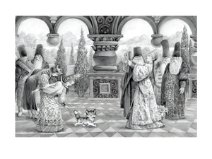 Страница с чёрно-белой иллюстрацией во дворце и героями сказки
