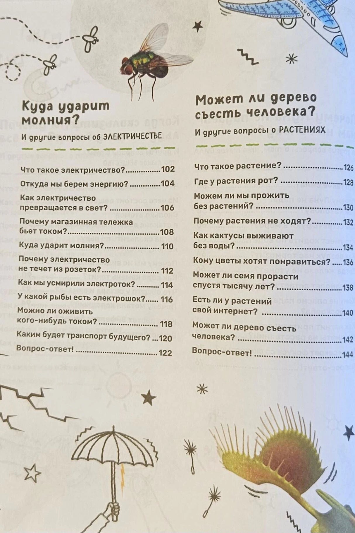 Страница содержания с разделами об электричестве и растениях