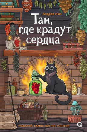 Обложка книги Андреа Имз «Там, где крадут сердца» с чёрным котом у камина.