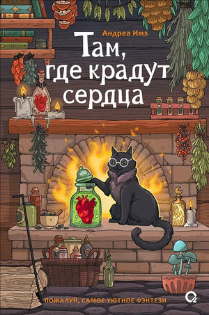 Обложка книги Андреа Имз «Там, где крадут сердца» с чёрным котом у камина.
