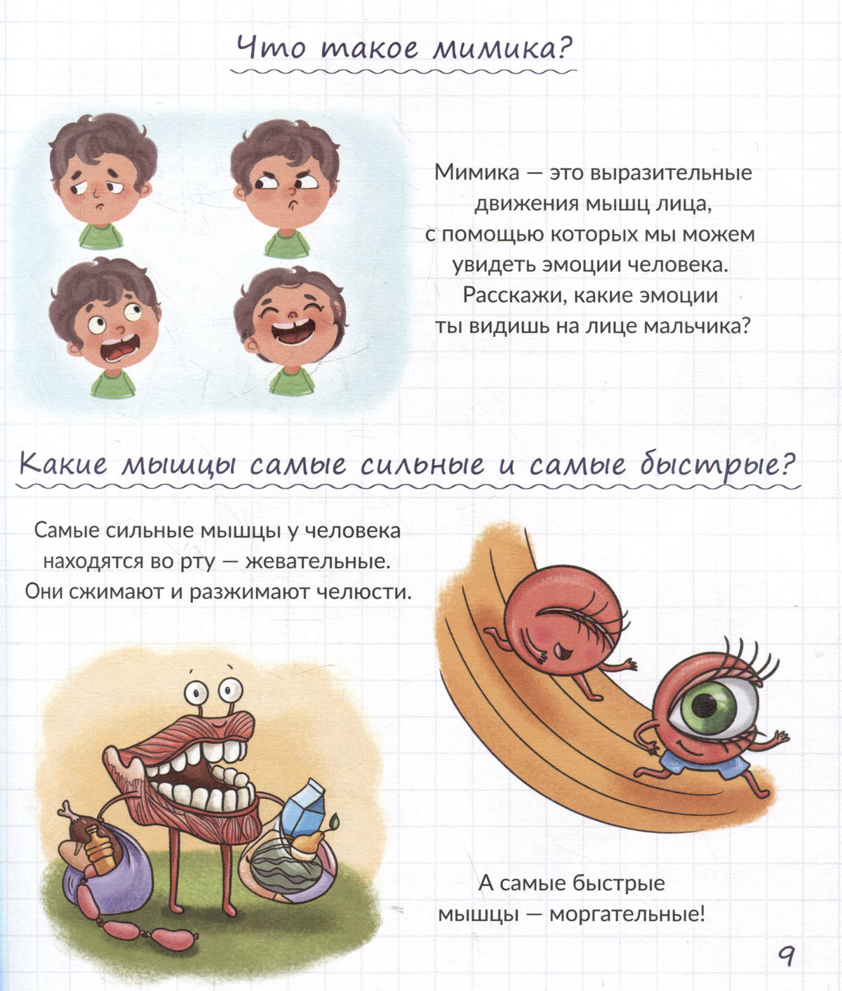 Страница о мимике и мышцах с мультяшными иллюстрациями.