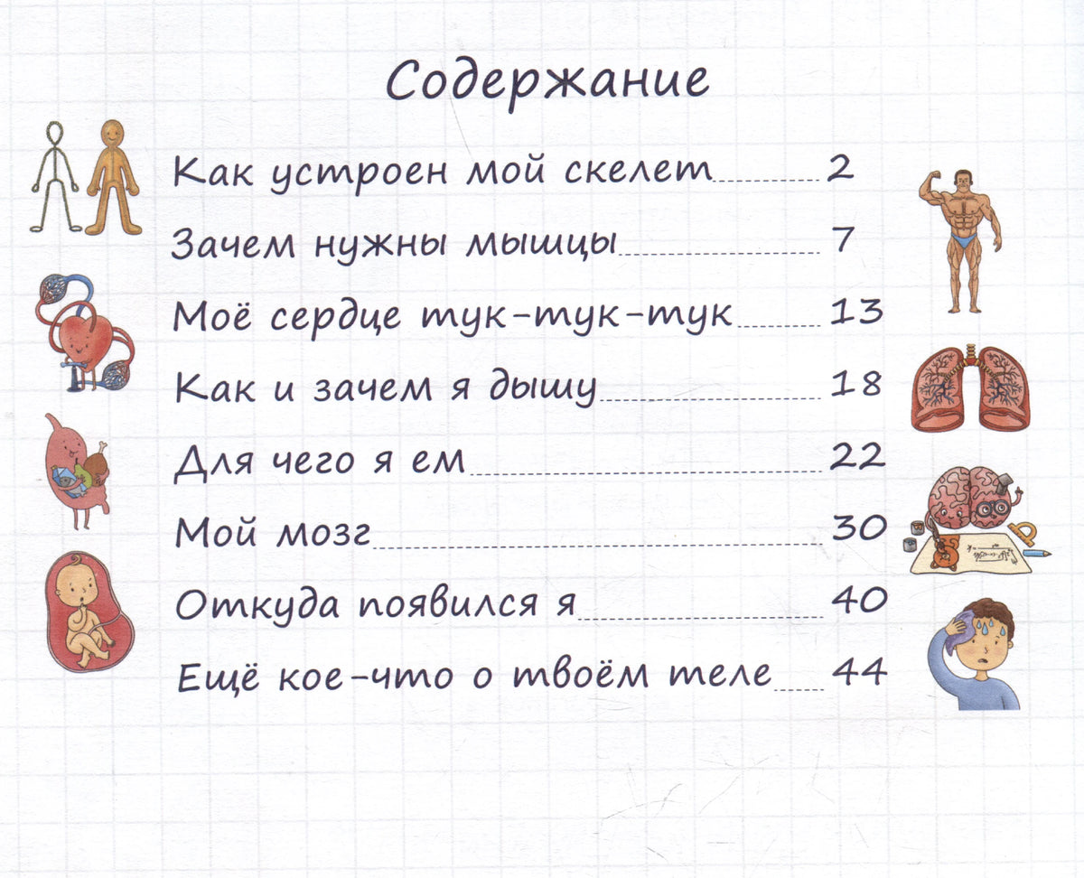 Содержание детской энциклопедии с разделами о теле человека.