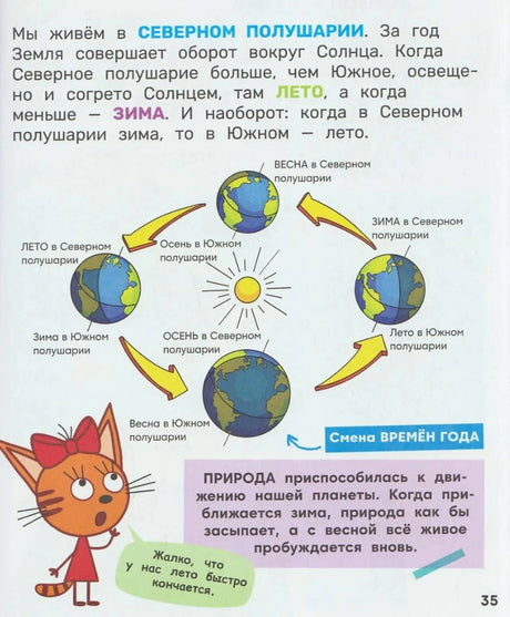 Страница о смене времён года со схемой движения Земли вокруг Солнца.