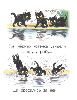 Три чёрных котёнка увидели в пруду рыбу и бросились за ней