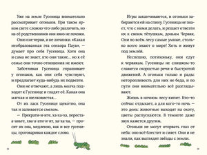 Разворот 28–29: текст о гусенице и огоньках, внизу травинки и кузнечик