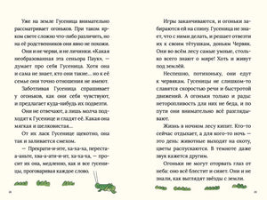 Разворот 28–29: текст о гусенице и огоньках, внизу травинки и кузнечик