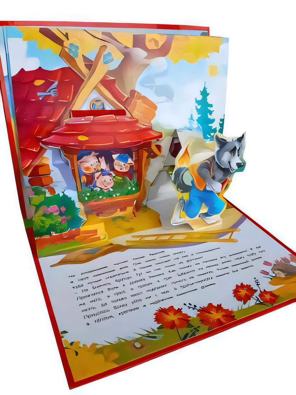 Разворот pop-up книги: 3D-сцена с волком у домика поросят, текст сказки внизу страницы