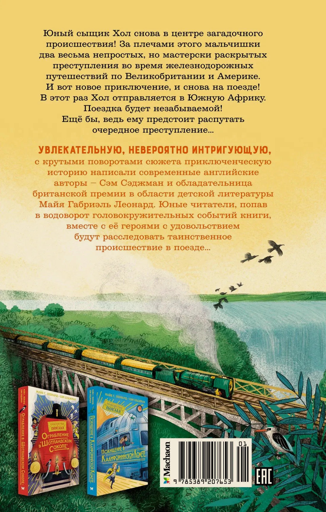 Задняя обложка с аннотацией, поездом, штрихкодом и логотипом издательства.