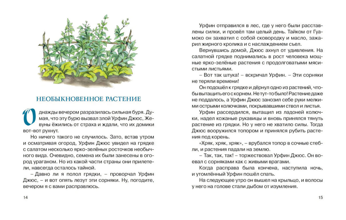 Разворот «Необыкновенное растение» с текстом и рисунком зелёных ростков