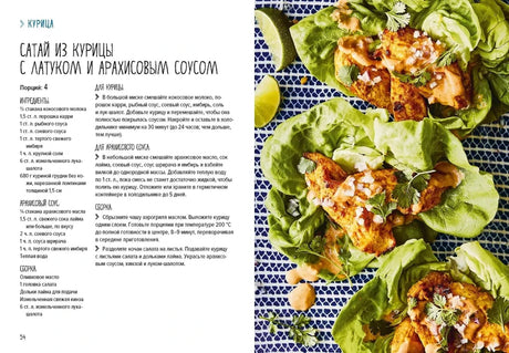 Разворот рецепта сатая из курицы с латуком и арахисовым соусом.