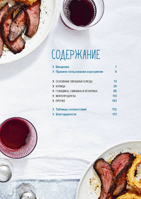Страница «Содержание» с разделами книги и фотографиями блюд.