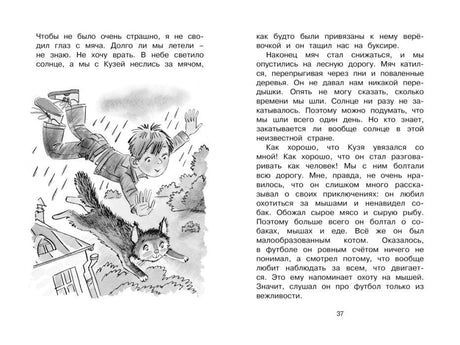 Разворот страницы 37 с рисунком мальчика и кота в полёте.