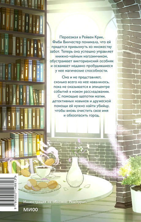 Задняя обложка с аннотацией, книжными полками и чаепитием