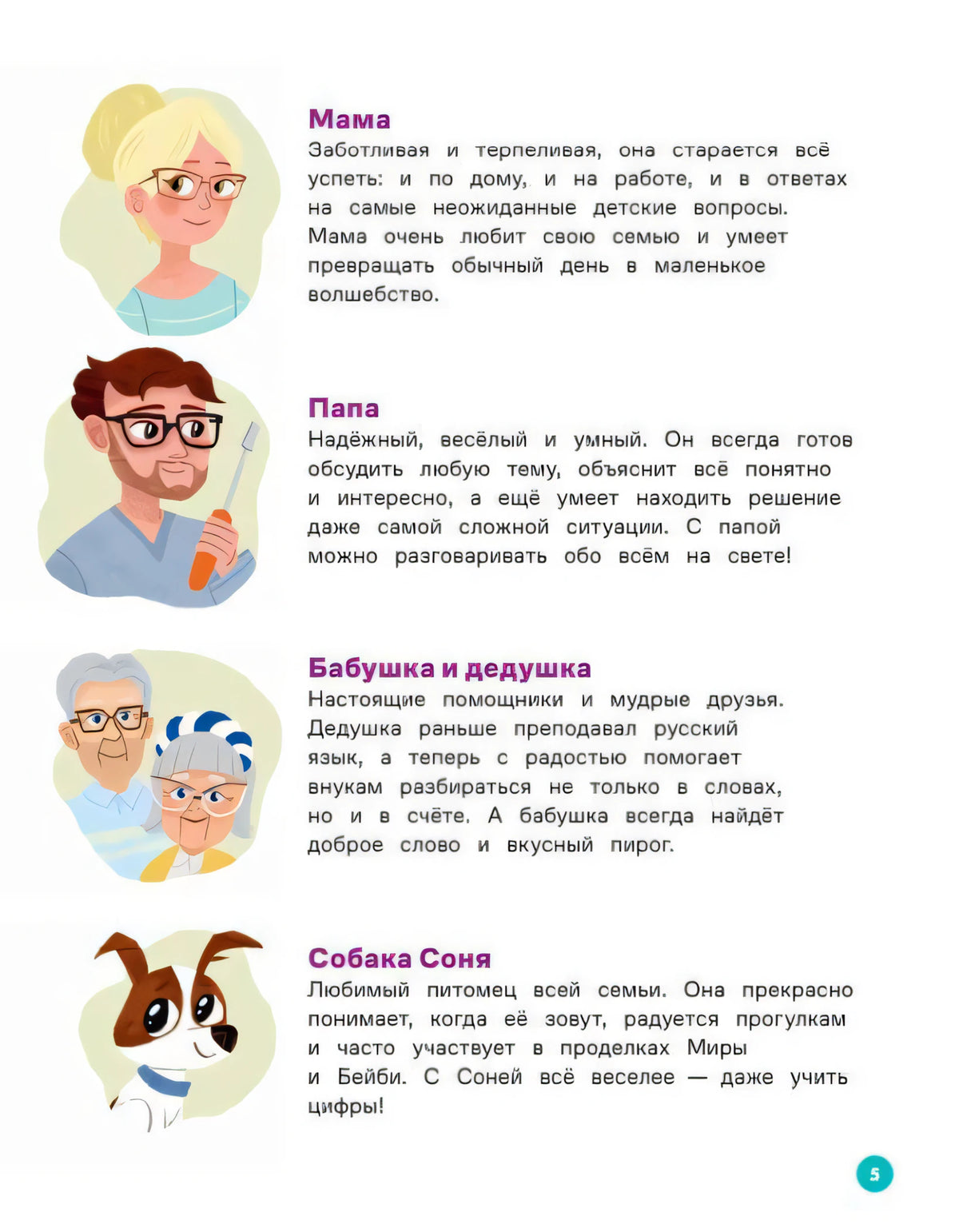 Страница 5 с описанием мамы, папы, бабушки, дедушки и собаки Сони.