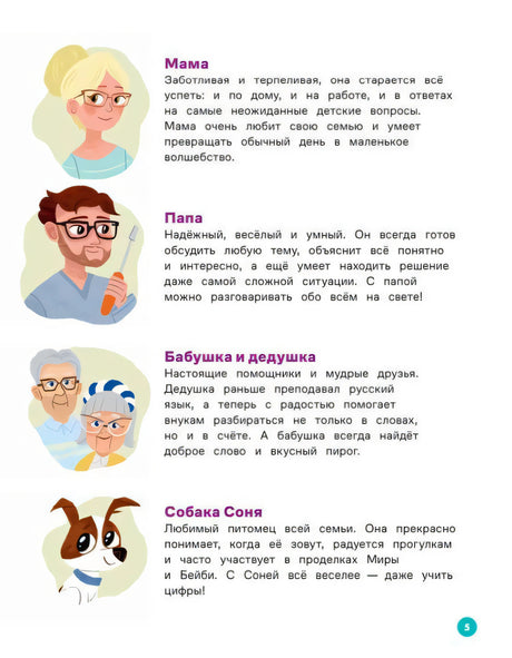 Страница 5 с описанием мамы, папы, бабушки, дедушки и собаки Сони.