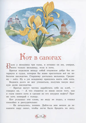 Начальная страница сказки «Кот в сапогах» с ирисами.