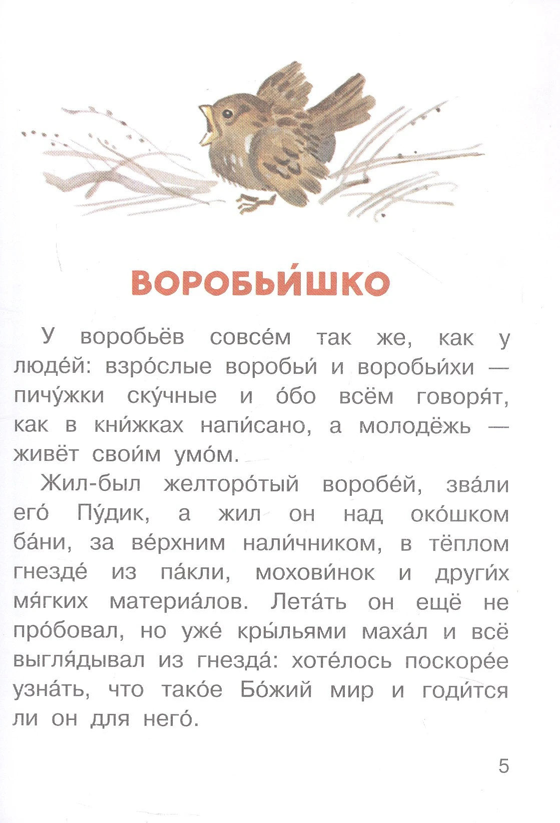 Страница 5 сказки «Воробьишко» с текстом и рисунком птенца