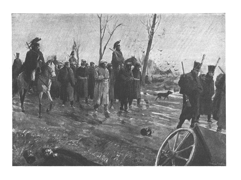 Чёрно-белая военная иллюстрация: солдаты у зимней дороги и колесо лафета.