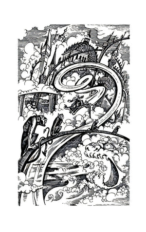 Чёрно-белая иллюстрация города в облаках с кошками на арках