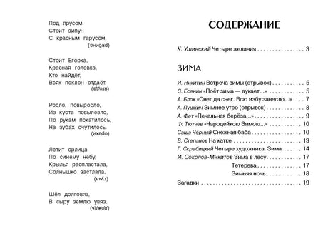 Разворот с зимними загадками и страницей содержания.