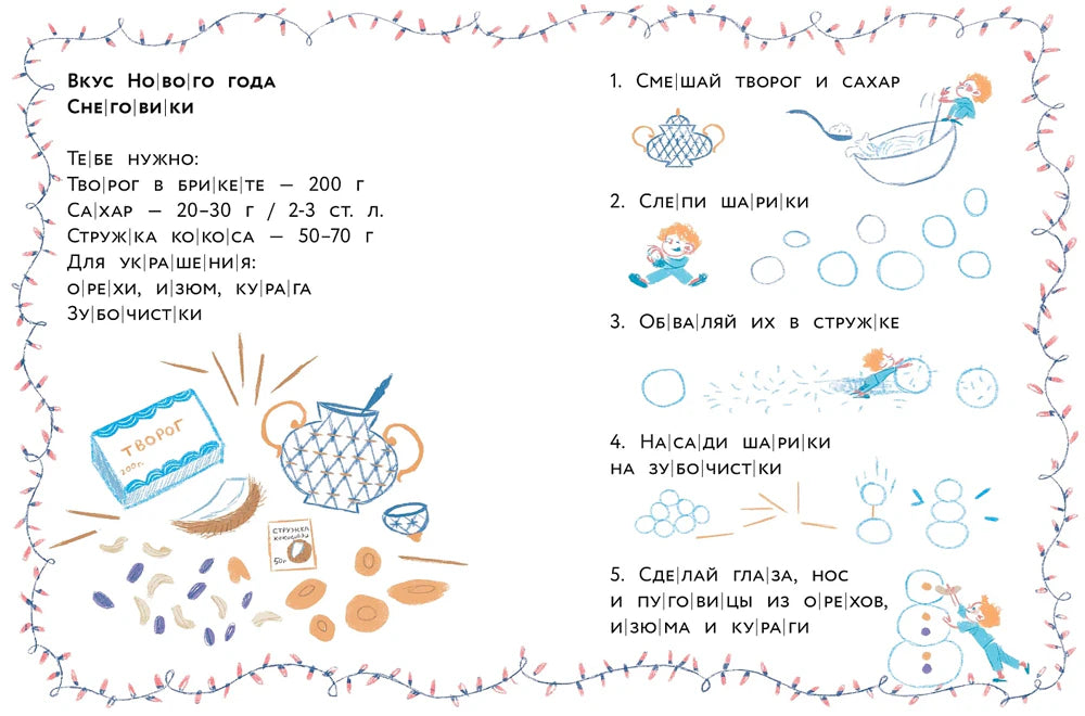 Разворот с рецептом творожных снежков и рисунками этапов приготовления.