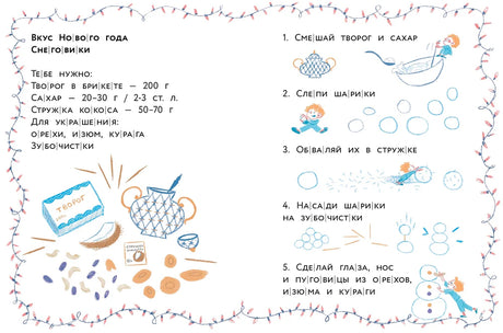 Разворот с рецептом творожных снежков и рисунками этапов приготовления.