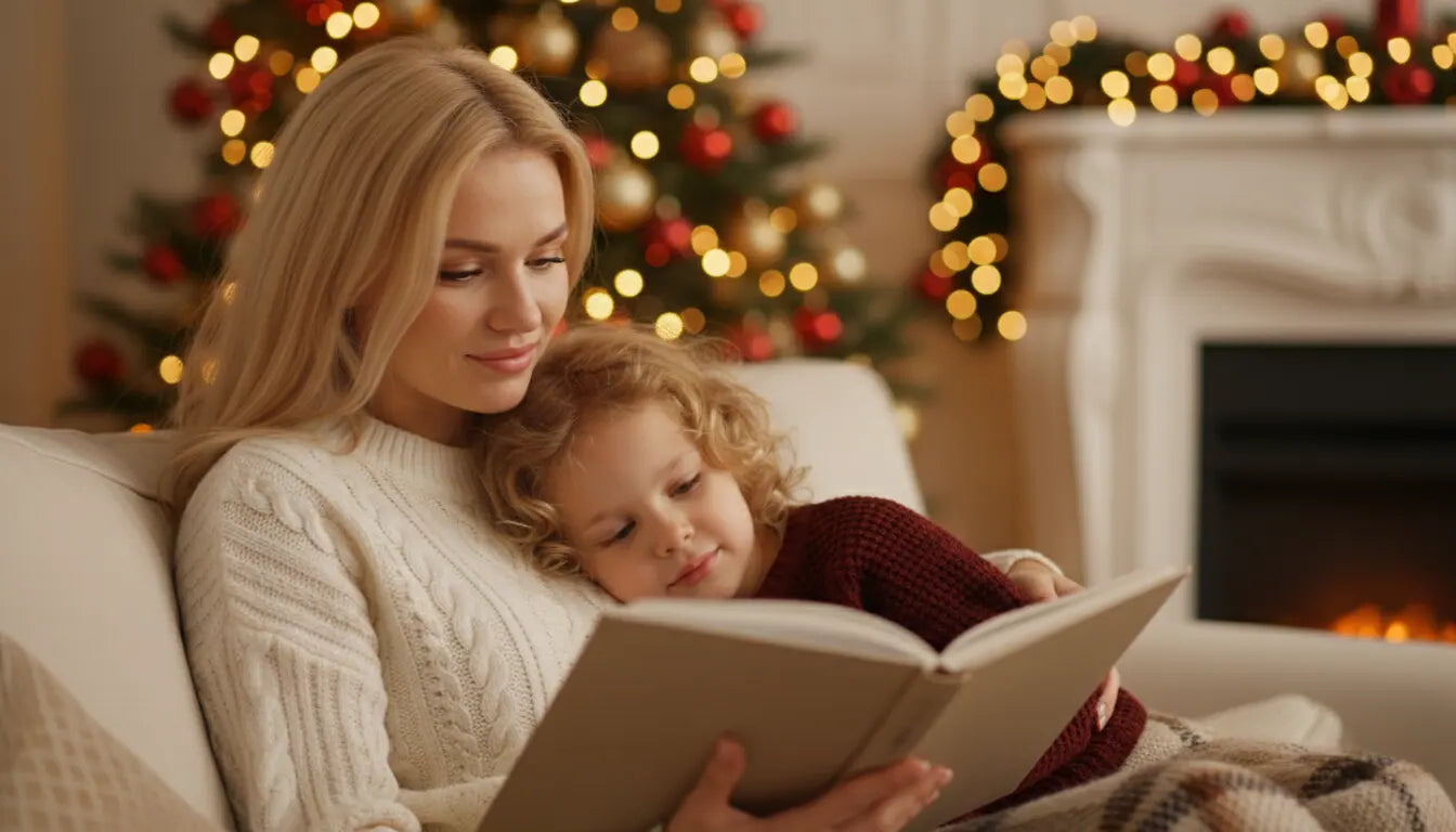 Мама читает ребенку новогоднюю книгу 