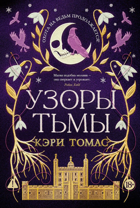 Лицевая обложка «Узоры тьмы» с луной, вороном и золотым зданием