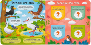 Разворот книги с загадками про птиц и окошками с вопросительными знаками