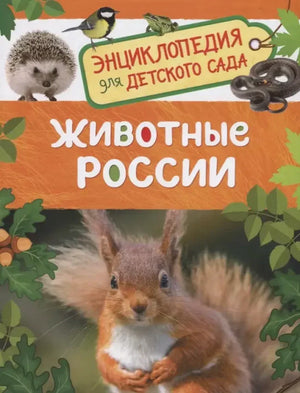 Обложка энциклопедии «Животные России» с белкой, ёжиком, синицей и ужом.