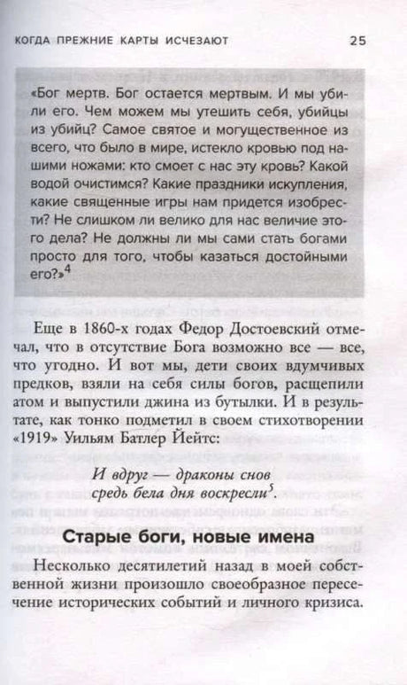 Страница 25 с цитатой о смерти Бога и разделом «Старые боги, новые имена»