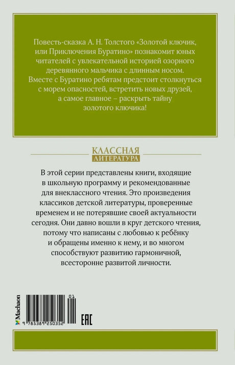 Задняя обложка с аннотацией, штрихкодом и логотипом серии «Классная литература»