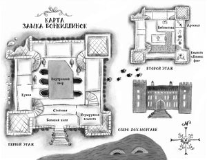 Чёрно-белая карта замка Бонкиллинок с этажами, озером и фасадом.