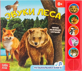 Обложка книги «Звуки леса» с медведем, лисой и звуковой панелью
